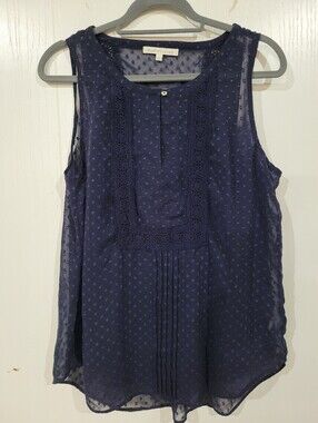 Daniel Rainn Navy Swiss Dot Lace Trim Sleeveless Blousr Size Large